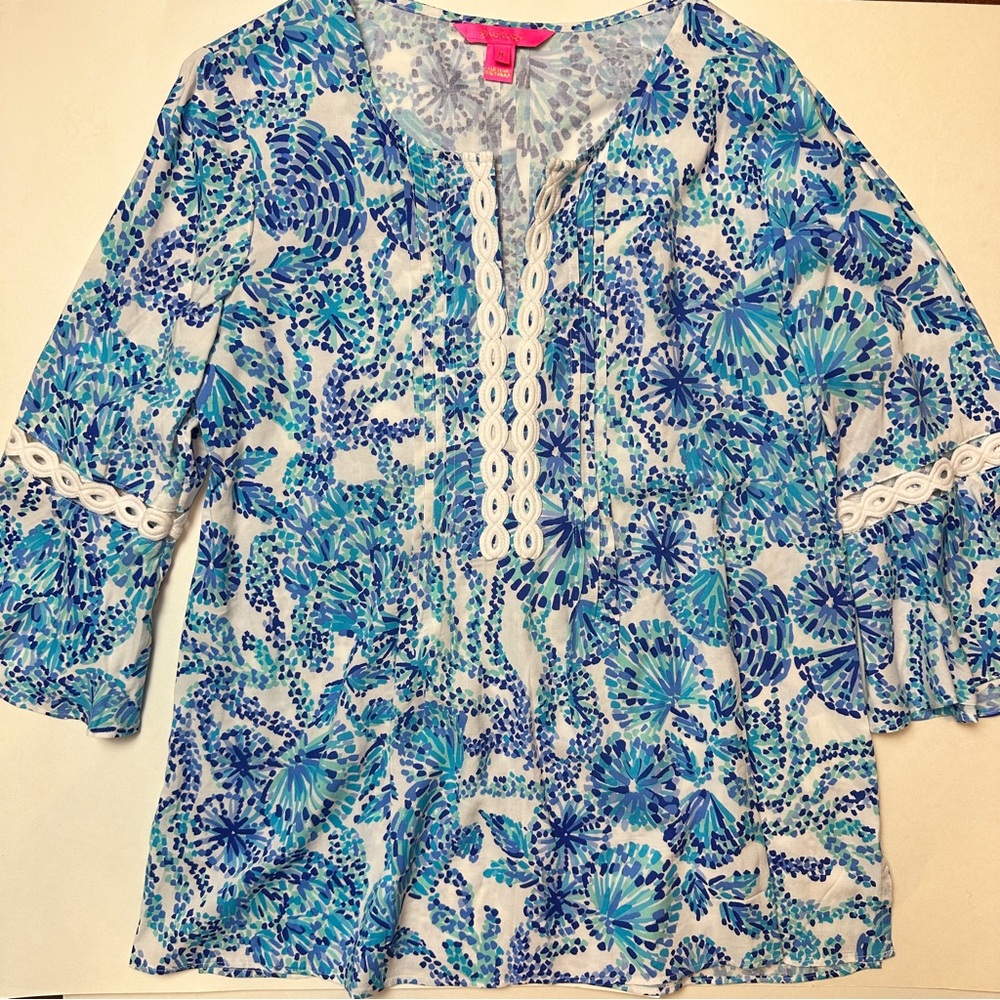 Lilly Pulitzer Hollie Tunic Turquoise Oasis Shell Me You Love Me Size Medium - Picture 9 of 16